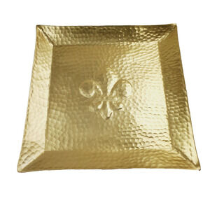 India Handicrafts Fleur De Lis Hammered Brass 10 x 10 Aluminum Serving Tray